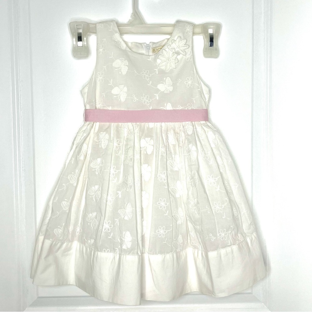 White Toddler Dress with Embroidered Butterflies and Pink Ribbon Belt - Size 3T